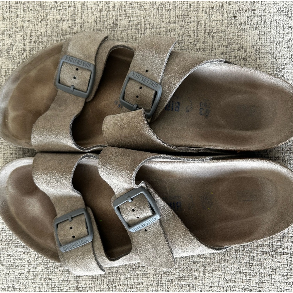 Arizona Soft Bed Birkenstock in Suede. Stone Coin is the color